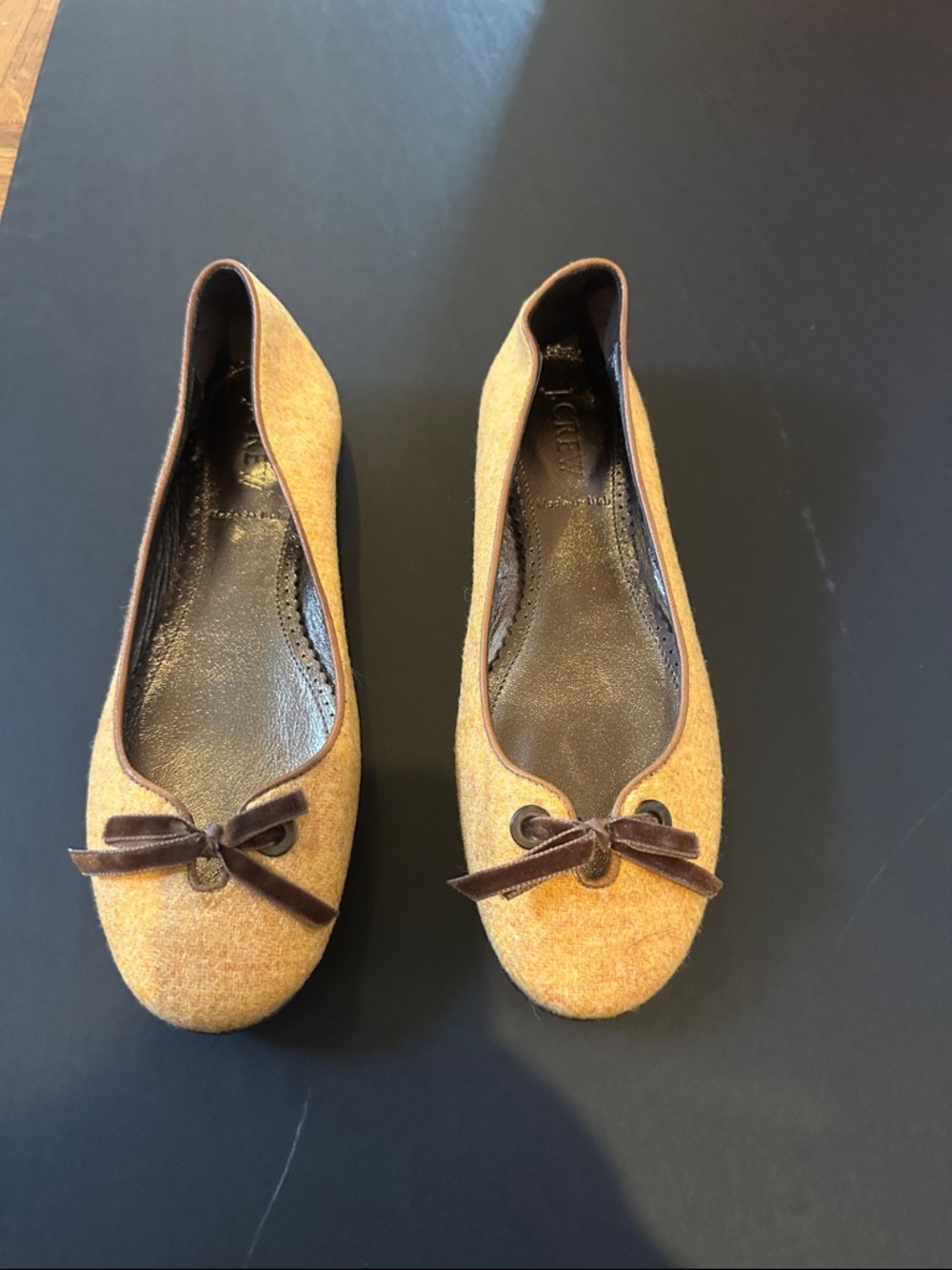 J. Crew Mustard Wool Ballet Flats with Brown Trim